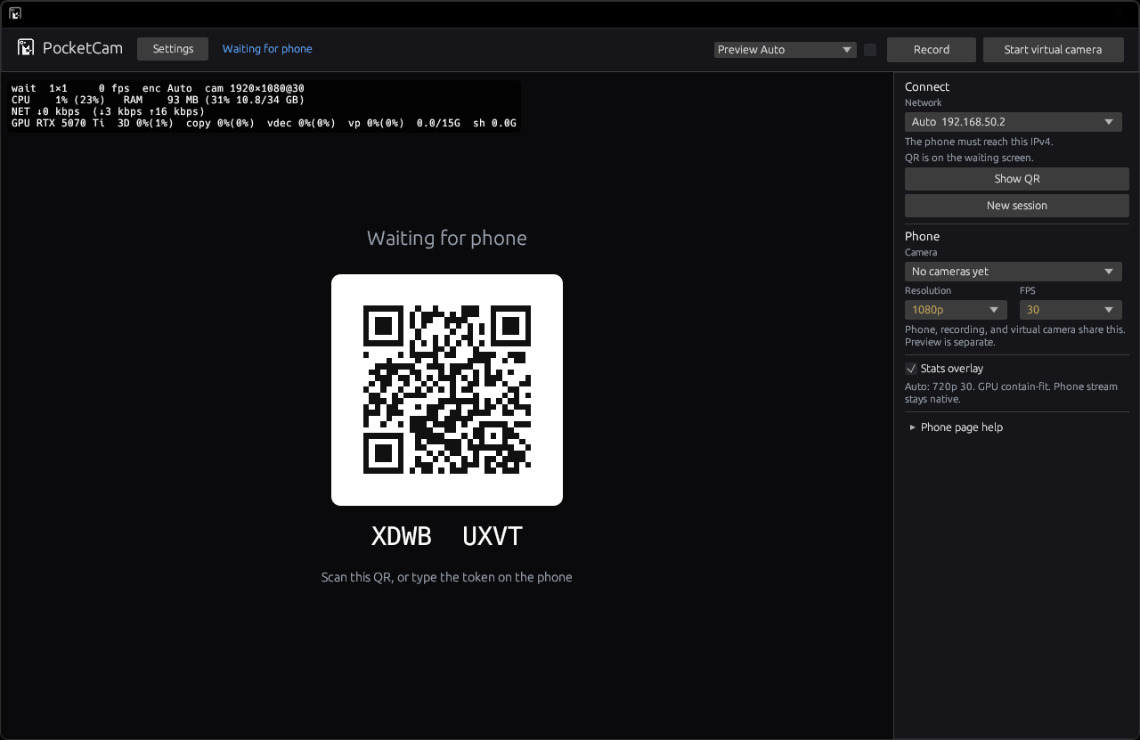 PocketCam on Windows waiting for the phone, with QR and session token