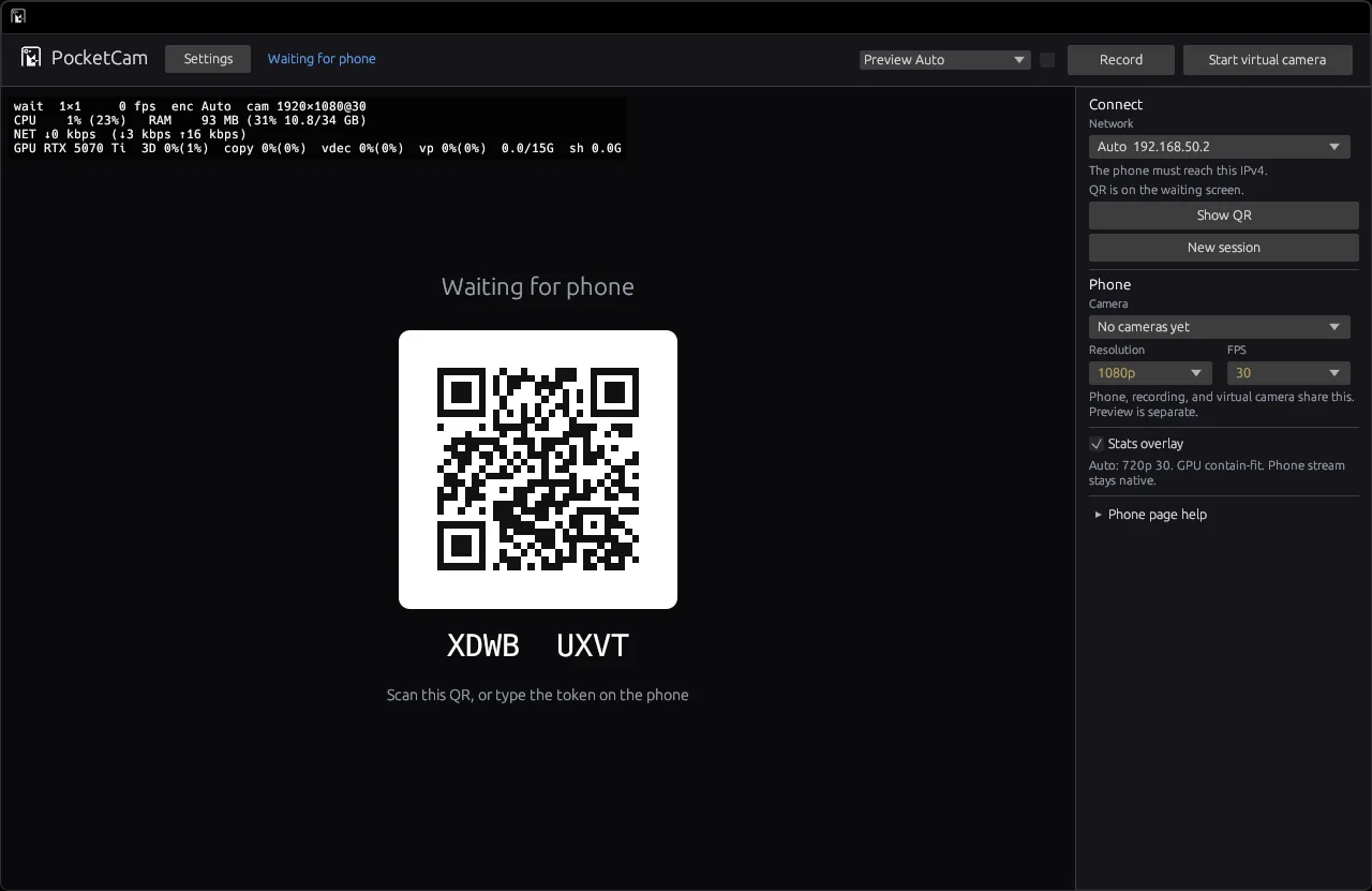 PocketCam on Windows waiting for the phone, with a large QR code and session token